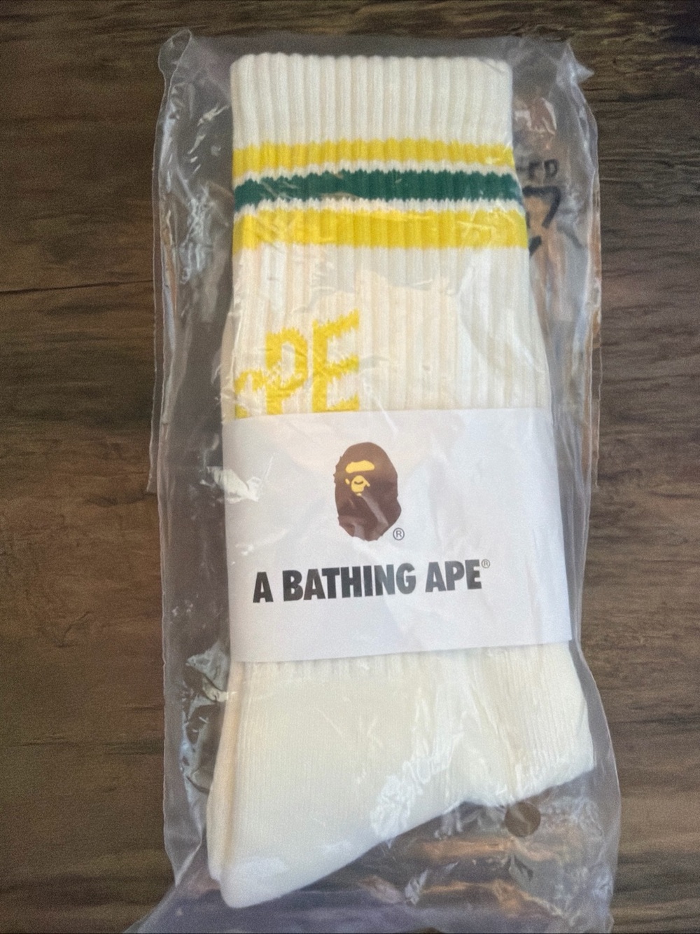 A Bathing Ape Men's White Crew Socks with Yellow & Green Stripes